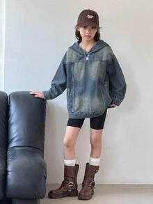 SHEIN 少女复古90年代水洗休闲宽松连帽牛仔外套，适合秋冬季节、返校季、街头风，酷炫舒适百搭，适合上学、居家和旅行穿着。 - 中等水洗藍 - 查看 4