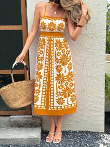 SHEIN LUNE Váy liền thân in hoa đỏ hở lưng dáng suông mùa hè cho nữ, thích hợp cho kỳ nghỉ lãng mạn, kỳ nghỉ ở bãi biển, dã ngoại hàng ngày Váy liền thân họa tiết hoa cam đi biển cho nữ Váy liền thân đi biển mùa hè Boho Váy liền thân đi biển - Nhiều màu - Xem 2