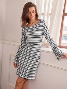 Hanevo Women's Striped Off Shoulder Flare Sleeve Casual Sports Yoga Running Tennis Short Dress, Autumn/Winter Fall Cloth For Women - Grey - View 1