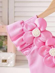 SHEIN 小女孩白色连衣裙，3D 串珠花卉装饰，A 字形腰部收紧，单件，适合生日派对，夏季 - 粉色 - 查看 4