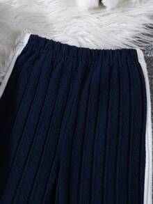 SHEIN Explorewe Baby Girl Ribbed Texture Color Block Ruffle Splice Zipper Stand Collar Casual Sports Suit Fall Winter - Royal Blue - View 3