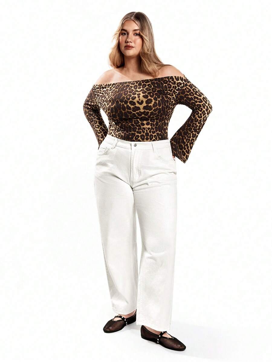 SHEIN EZwear Plus High Waist Wide Leg Boyfriend Jeans - White - View 1