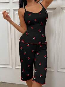EasyFave Women's Contrast Color Cherry Print V-Neck Camisole & 3/4 Pants Pajama Set Cherry Print Two Piece Set - Multicolor - View 7