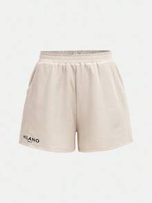 SHEIN Teen Girls Casual And Simple Basic Spring And Summer Round Neck Short-Sleeved Milano Cropped T-Shirt + Quarter Pants Sweatpants Blue Textured Fabric Two Pieces Set - Apricot - View 8