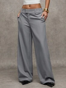 SHEIN BAE Damen Lässig Weite Hose, Einfarbig, Herbstkleidung für Frauen, Herbstkleidung Damen, Winterkleidung Damen, Halloween, Streetwear, Rückkehr zur Schule, Herbstkleidung für Frauen, Herbst, Herbstkleidung Damen, Winterkleidung Damen - Grau - Übersicht 4