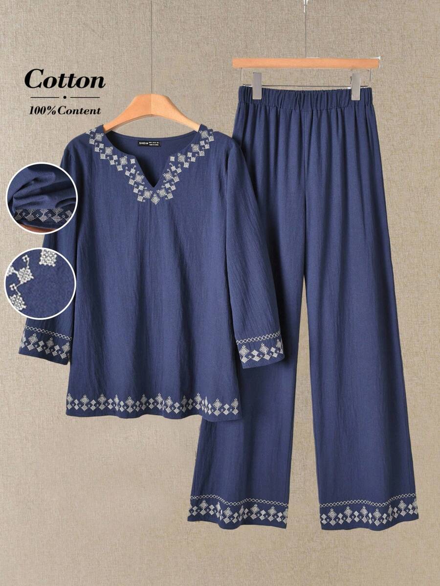 Rusticease 女款幾何刺繡V領長袖襯衫與長褲休閒兩件套 女款兩件套長褲套裝 女款套裝 女款兩件套套裝 棉質兩件套 秋季校園服裝 商務休閒 女款服裝仙女風 工作/辦公室秋季服裝 女款秋季服裝 - 藏蓝色 - 查看 1