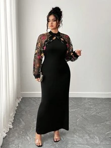 SHEIN Elenzya Elegant Fashion Party Stand Collar Mesh Patchwork Long Sleeve Fitted Waist Plus Size Women Dress Fall Cloth For Women - Black - View 5