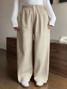 Dazy Plus 弹性腰部宽松直筒休闲大码女式长裤，春秋 - 淺灰色 - 查看 3