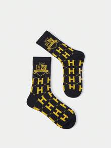HARRY POTTER X SHEIN 1双女士舒适字母图案中筒袜 - 黑色 - 查看 3