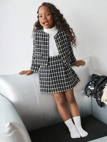 Maija Kids Maija Kids 2件套少女格子花呢夹克和迷你裙套装 - 黑色 - 查看 5