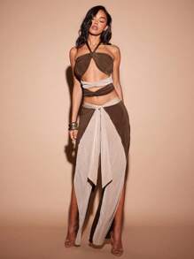 Hauture Color Block Tie Front Wide Leg Pants - Multicolor - View 5