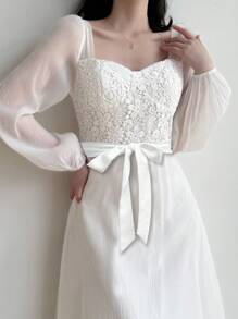 Modelyn 女式撞色蕾丝甜心领网眼长袖中长连衣裙 - 白色 - 查看 1