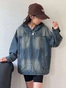SHEIN 少女复古90年代水洗休闲宽松连帽牛仔外套，适合秋冬季节、返校季、街头风，酷炫舒适百搭，适合上学、居家和旅行穿着。 - 中等水洗藍 - 查看 5