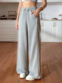EURMUSE Lace-Trimmed Elegance With A Sparkle Touch Glamorous Details Shine With Every Step Rhinestone Accents Meet Delicate Lace Statement Pants With Feminine Edges Dazzle In Every Move Touch Of Lace, Hint Of Glam Perfect Balance Of Bold And Elegant Sparkle Up Your Style With Lace Details - Grey - View 3