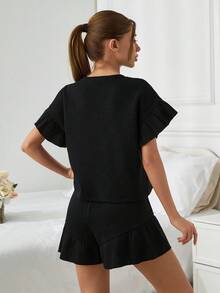 RueChic Women 2 Pcs Waffle Contrast Colour Heart Embroidery With Ruffle Sleeve Detail And Ruffle Detail Shorts Homewear Set - Grey - View 2