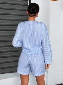 SHEIN Cottnline Women Striped And Embroidery Detailed Two Pieces Outfits Tops And Short Sets Women Summer Clothing Women Summer Clothes Women Summer Sets Women's Clothes - Blue and White - View 2