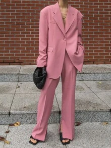 Women's Chic Smooth Pink Suit Set Business Attire - Baby Pink - View 3