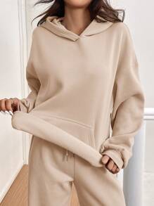 SHEIN EZwear 2 Pieces Thermal Lined Hoodie & Pants Set In Khaki, Women Casual Sweatsuit For Autumn/Winter - Khaki - View 4