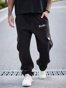 Manfinity Homme Manfinity Streetrush 男式运动裤，黑色多口袋宽松休闲直筒裤 - 黑色 - 查看 1