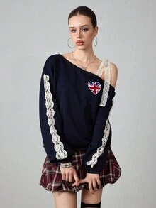 ROMWE Avant Women's Flag Print Contrast Lace Oblique Shoulder Long Sleeve Casual Sweatshirt - Navy Blue - View 1