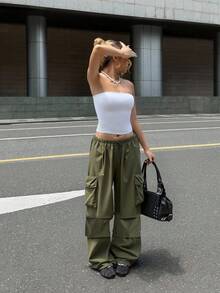 SHEIN Loose Casual Comfortable Mid-Waist Cargo Pocket Straight Leg Pants For Teen Girls Fall Winter - Army Green - View 10