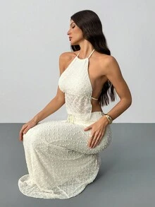 SHEIN Tall Women's Solid Color Backless Halter Top And Mermaid Hem Skirt Bodycon Sexy 2 Pieces Set - Beige - View 1