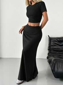 SHEIN EZwear 黑色针织女款修身休闲T恤+铅笔裙套装 - 黑色 - 查看 4