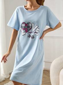 EURMUSE Woımen Contrast Colour Slogan Printed Basic Short Sleeve Sleepdress - Baby Blue - View 5