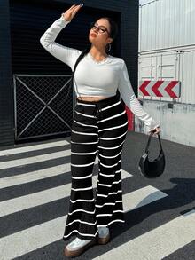 SHEIN EZwear 大码春季休闲条纹抽绳腰喇叭裤 - 黑色 - 查看 6