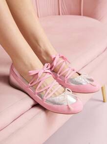 CUCCOO DOLLMOD Women's Pink Metallic Color-Blocking Suede Mary Jane Flats With Pearl Decor, Romantic Fashion Flat Shoes For Spring/Autumn - Silver - View 3