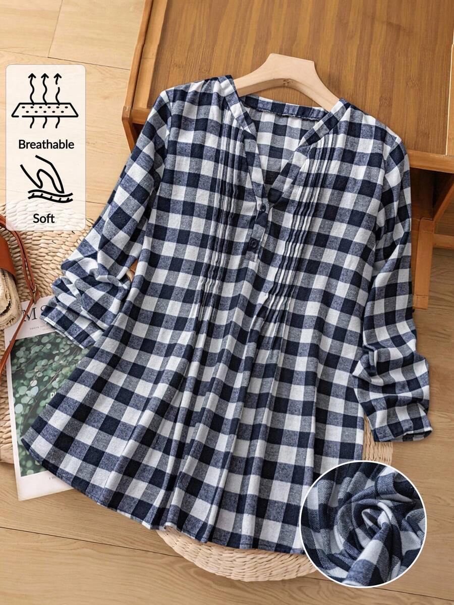 EMERY ROSE Áo sơ mi dài tay cổ chữ V họa tiết kẻ caro thường ngày cỡ lớn dành cho nữ - Nhiều màu - Xem 1