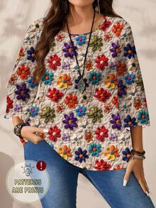 EMERY ROSE Camisa casual holgada de manga 3/4 con estampado floral tropical de estilo vintage elegante para mujer de talla grande, para festival de música campestre, otoño/invierno