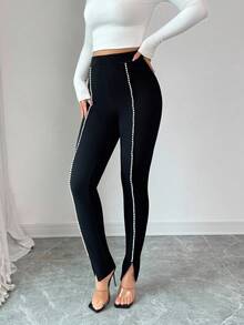 Selianne Women's Black Tights Contrasting Pearl Ribbon Knitted Texture Split Hem Leggings,Black And White,Summer,Classy,Party Leg-Lengthening Office Trousers - Black - View 6