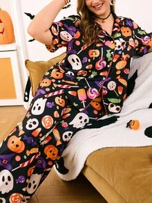 Chillnights Plus Size Candy Pumpkin Halloween Print Pajama Set - Multicolor - View 6