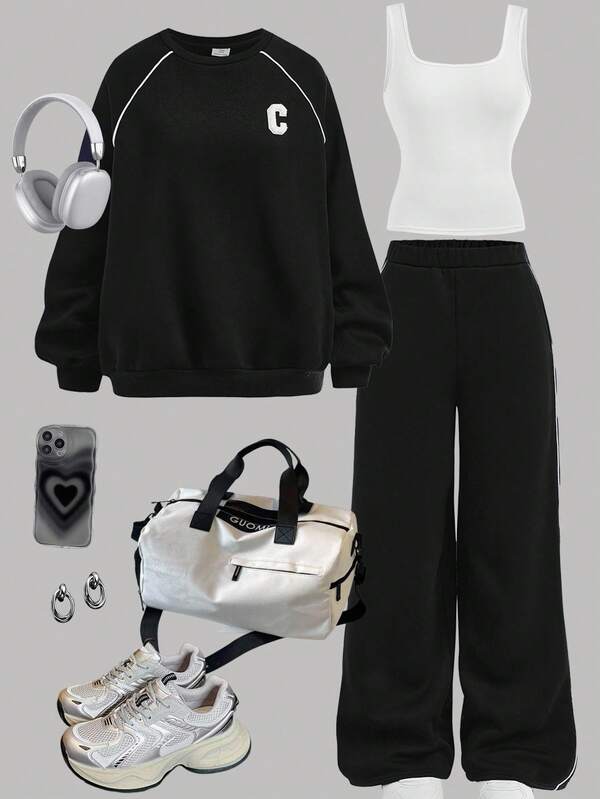 Girlism 3 件套青少年女孩黑色圆领长袖运动衫、撞色装饰字母图案背心和运动裤，休闲街头风格运动休闲装