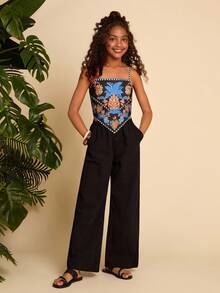 SHEIN Tween Girl Woven Pineapple Print Asymmetric Hem Camisole - Black - View 3