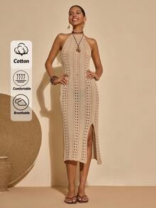 Bóhologie 波西米亚风露背镂空钩针深开衩紧身针织长连衣裙 - 米色 - 查看 1