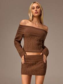 Avantive Shades Of Brown Autumn Elegant Brunch Outfits,Long Sleeve Knit Two Pieces Set,Off Shoulder Cable Knit Top&Mini Skirt,Fall&Winter Bodycon Outfit - Coffee Brown - View 4