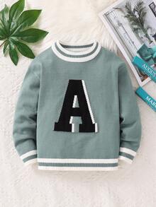 1pc Young Boy Casual School Comfortable Fashion Simple Practical Versatile Letter Graphic Contrast Color Crew Neck Long Sleeve Raglan Sweater, Boy, School, Back To School, Daily Wear, Outdoor, Sports, Autumn/Winter Knit Sweater Letter A Sweater Sweater With Letter Sweater Sweater Fall - Mint Green - View 1