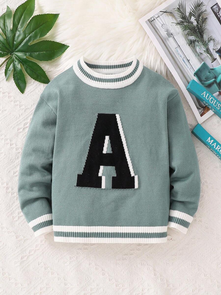 1pc Young Boy Casual School Comfortable Fashion Simple Practical Versatile Letter Graphic Contrast Color Crew Neck Long Sleeve Raglan Sweater, Boy, School, Back To School, Daily Wear, Outdoor, Sports, Autumn/Winter Knit Sweater Letter A Sweater Sweater With Letter Sweater Sweater Fall - Mint Green - View 1
