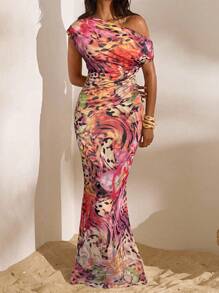 Opulessa 2pcs Casual Asymmetric Collar Top And Fitted Skirt Set - Multicolor - View 1
