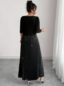 Elenzga Elegantes plissiertes Chiffonkleid in Unifarbe in Große Größen, geeignet für Partys, Frühling/Sommer - Schwarz - Übersicht 2