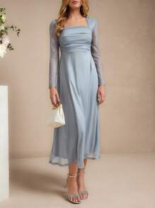 Amorya 女士优雅方领银灰色网眼长裙，适合日常穿着和多种场合，秋季 - 灰色 - 查看 11