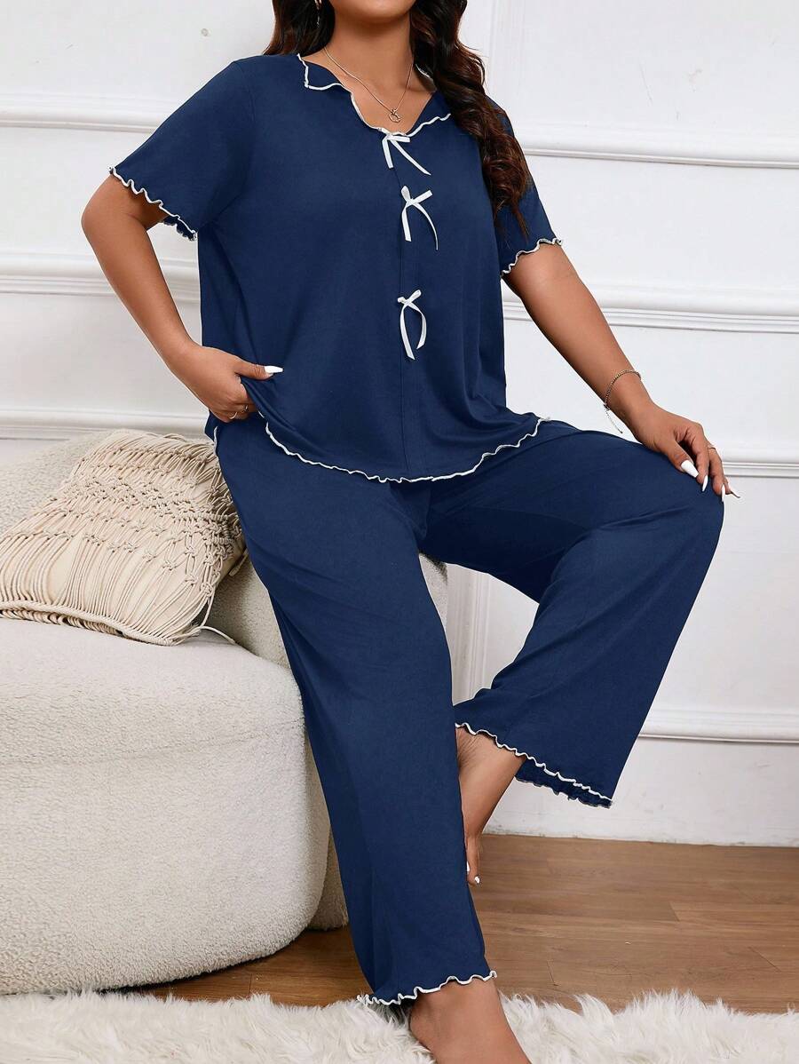 SHEIN 2 件大码女士牛奶丝短袖上衣和裤子睡衣套装，小领口，V 领，蝴蝶结装饰，浪漫，蓝色，春夏，服装 - 藍色 - 查看 1