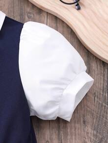 Váy xếp ly 2 trong 1 tay bồng dễ thương phong cách học sinh màu xanh navy và trắng tương phản nơ biểu tượng eo - Màu xanh hải quân - Xem 4