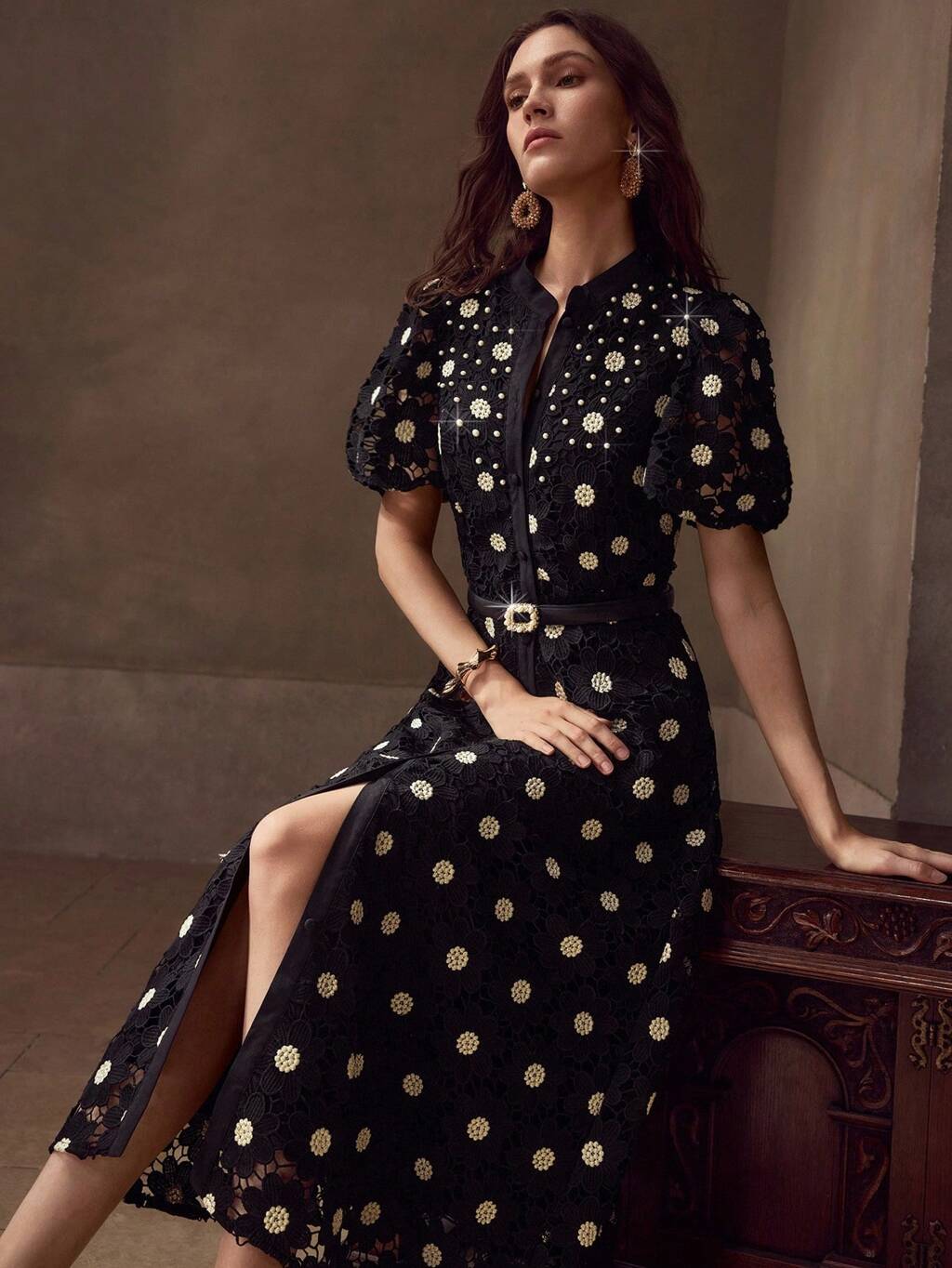 GOLD THREAD FLORAL EMBROIDERED STAND COLLAR PUFF SLEEVE FITTED FAUX PEARL BELT MID-LENGTH DRESS