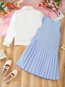 Tween Girl Bow Decor Pleated Hem Camisole Dress And White Shirt Set - Baby Blue - View 2