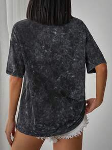 EURMUSE Acid Washed Printed Knitting Loose Short Sleeve T-Shirt - Black - View 2