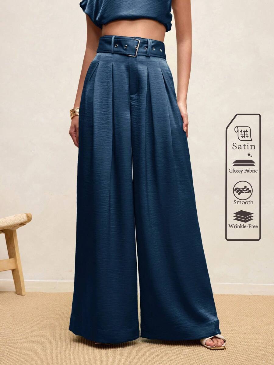 Arave Women's Elegant Satin Pleated Wide Leg Pants,Navy Blue Summer Office High-Waisted Solid Color Minimalist Long Pants For Fall Autumn Commuting - Blue - View 1