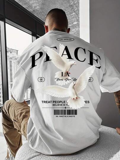 Manfinity 男士和平图案T恤，宽松街头风格T恤，带有粗体文字，成人夏季休闲装，成人休闲服装，个性化服饰